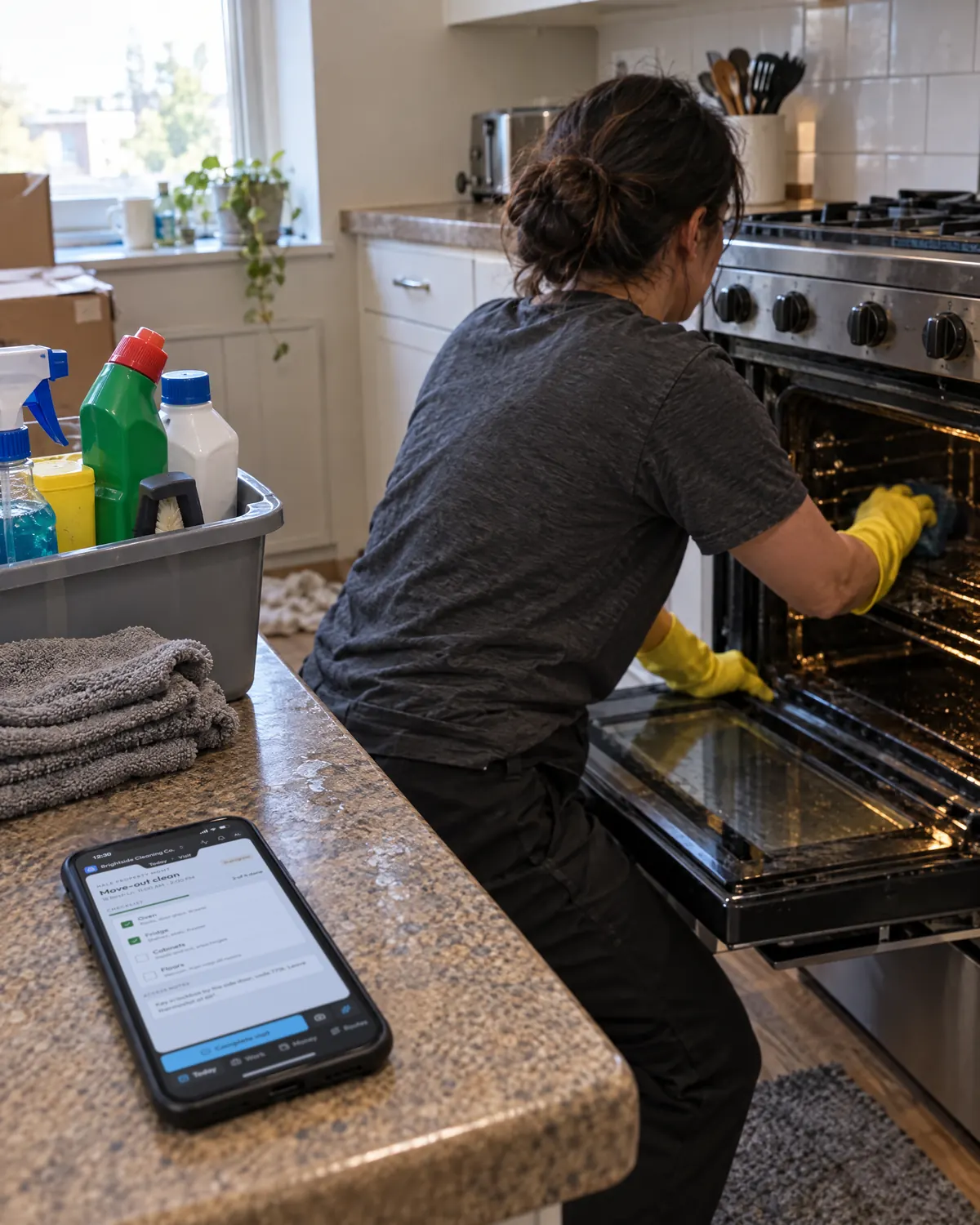 A cleaner scrubbing an oven during a move-out clean, the OneTool checklist on the counter with 2 of 4 tasks done