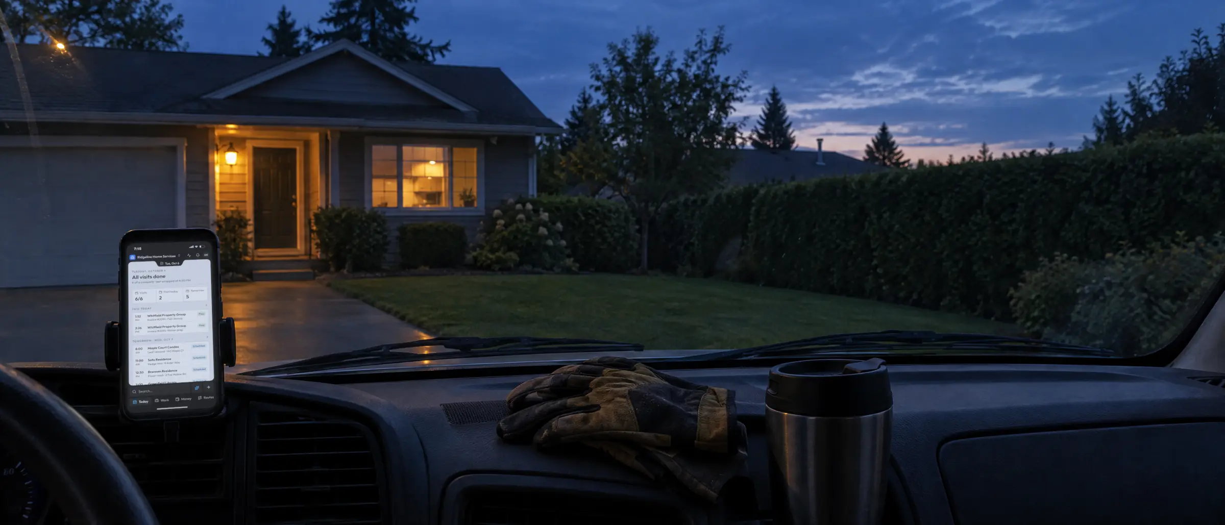 Dusk from a work van parked outside a house, the dashboard phone showing the day’s summary in OneTool