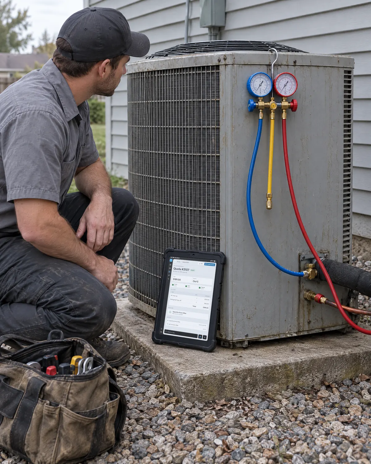 An HVAC technician servicing an outdoor condenser, signed Quote Q-003107 for $189.00 open in OneTool on a tablet